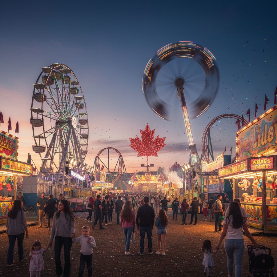 Midway rides and vendor tents at a Canadian summer fair