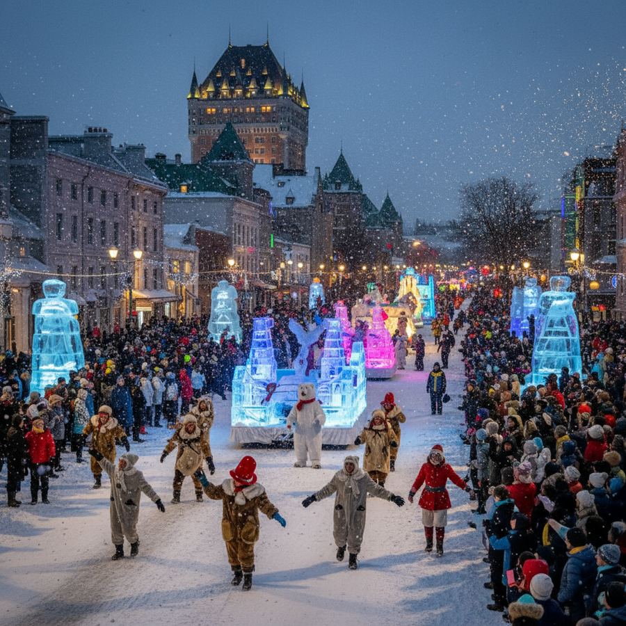 Night parade with illuminated floats during a Canadian winter carnival