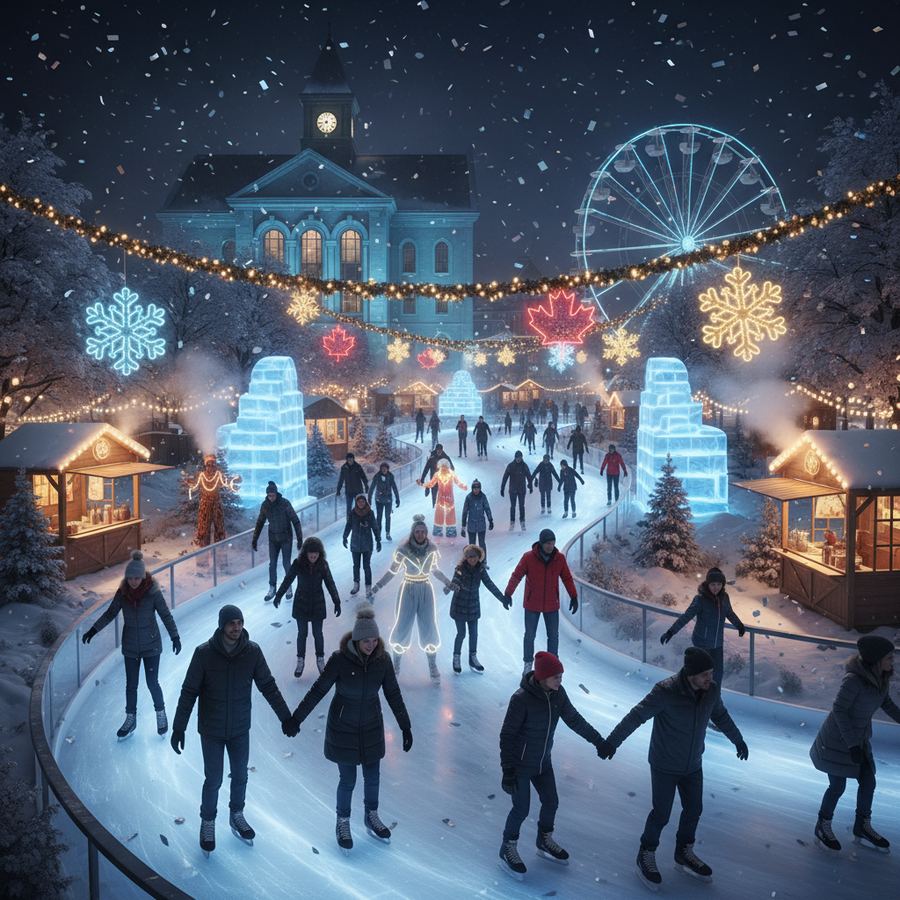 Outdoor festival grounds with visitors and vendor tents during a Canadian winter event